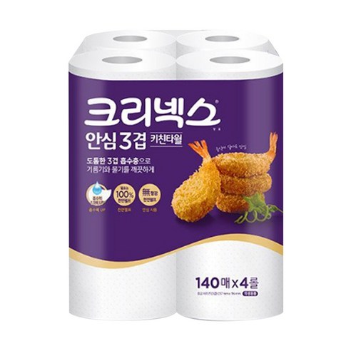 R크리넥스 안심 3겹 키친타월 140매 4롤, 4개입, 1개