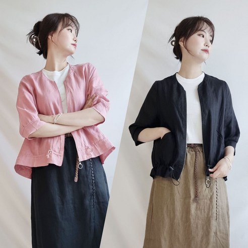 여름 린넨 마 100% 노카라 집업 자켓 4컬러