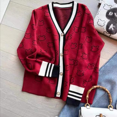 KORELAN 브이넥 터치 곰돌이 스웨터 카디건빈티지 무늬 셔츠 소매 조인트 니트