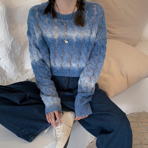 SURBORT 그라데이션 얼룩 니트 스웨터 여성 패션 캐주얼 대마 패턴 풀오버 스웨터