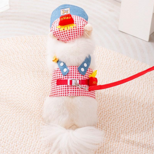 Dog 도고 강아지 패션 편안한 하네스 모자 가슴줄 리드줄포함 세트, 1세트, 레드 감자튀김