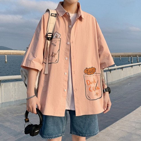 포켓 인쇄 셔츠 남성 반팔 여름 디자인 감각 틈새 셔츠 코트 홍콩 스타일 지방 대형 셔츠 코트