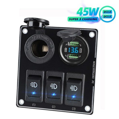 자동차 소켓 차량용 멀티탭전압계 12V 및 스위치 QC 3.0 듀얼 포트 빠른 Usb 자동차 충전기 담배 라이터, 13 3 Gang 45W-B