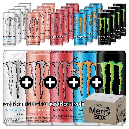 [메리박스]355ml x 20캔 몬스터 에너지드링크 울트라 시트라 펀치 울트라 썬라이즈 망고 피치킨 제로, 1박스, 355ml, 선택A{울트4+피치4+펀치4+그린4+망고4} 20개