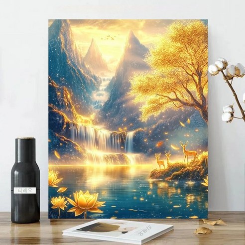 보석십자수 캔버스형 원형비즈십자수 DIY키트 40x50cm 3D 대형 선물용 재물 객실 풍수 인테리어, 1세트, 19 돈나무 연화 폭포