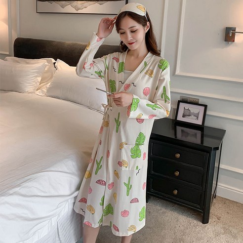 DFMEI-Y 기모노 잠옷 여성 여름 반팔 Nightdress 목욕 가운 느슨한 대형 잠옷 여성 봄과 가을 중간 길이 가운, DFMEI 살구 긴팔 선인장 기모노, S 사이즈 (80-95 Jin 권장)
