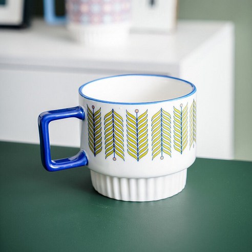 【커피잔】스타일 북유럽 세라믹 우유 마크 쌓인 컵 아침 크리 에이 티브 가정용 컵 간단한 커피, 다크 블루 패턴 스택