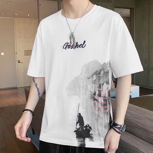 여름 패션 트렌드 남성 느슨한 캐주얼 프린트 라운드 넥 반팔 티셔츠