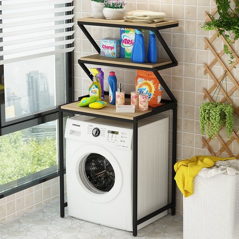 세탁기선반 베란다수납 다용도실 드럼세탁기 수납앵글, 3 층 (블랙 프레임 + 라이트 월넛 보드)개