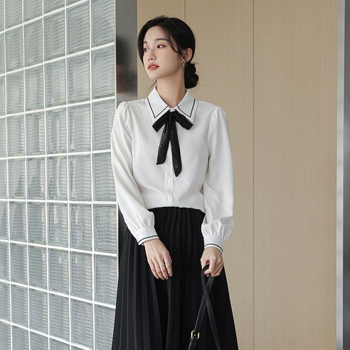 SU 자수 리본 쉬폰 화이트 긴팔 셔츠 여성의 디자인 감각 틈새 새로운 프랑스어 스타일 세련된 셔츠