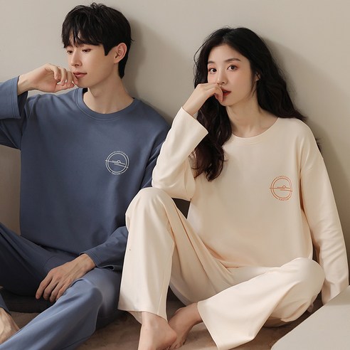 ANYOU 커플잠옷 춘추긴팔 폴리원피스 라운드 단색 커플잠옷세트