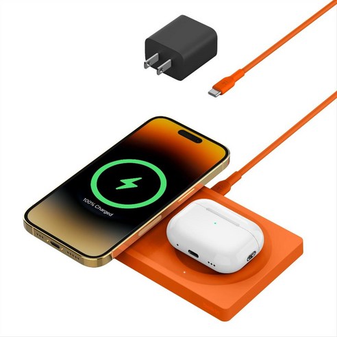 Belkin BoostCharge Pro 2-in-1 무선 충전 패드(MagSafe 15W 포함) iPhone 충전기 14 13 및 12 시리즈, 2 in 1 패드, 주황색