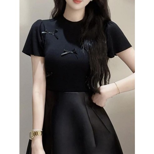 리본 티셔츠 세미크롭 포인트 슬림 데이트 반팔 면티