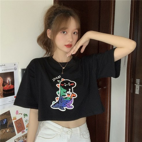어 버전 새로운 느슨한 짧은 귀여운 낙서 공룡 프린트 작은 반팔 티셔츠 탑 여성
