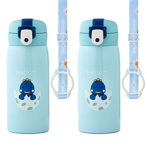 코코메이트 원터치 보온보냉 공룡 텀블러(350ml) 스트랩세트, 블루+블루