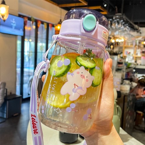 【휴대용 물병】물 컵 학교 특수 찾고 귀여운 과 여름 물 병 플라스틱 냄비, 보라색Piggy-660Ml