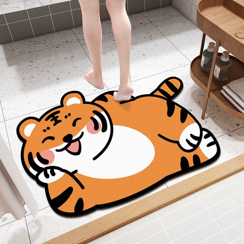 DFMEI만화 욕실 물 흡수 바닥 매트 규조토 진흙 소프트 화장실 문 매트 가정용 화장실 비 슬립 빠른 건조 카펫, 사이드 호랑이 [스웨이드], 40*60 + 50*80