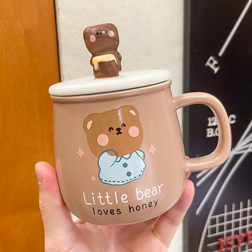 Mao패션 만화 곰 휴대 전화 홀더 머그잔 우유 아침 컵 귀여운 세라믹 컵 뚜껑, 핑크 컵 녹색 옷_400Ml