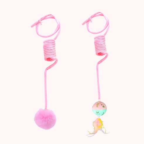이지유 고양이 폼폼 스프링 낚시토이 2종 세트 (깃털 방울볼 + 폼폼이볼), 1세트, 핑크