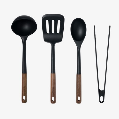 트루쿡 북미산 월넛 실리콘 조리도구 4종 세트, 1개, 블랙, 국자 + 뒤집개 + 서빙스푼 + 집게