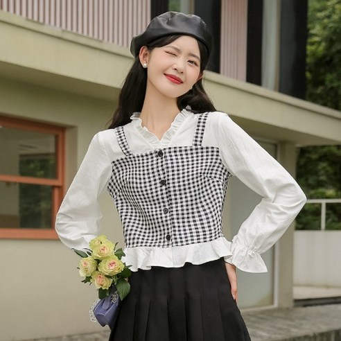 SU 가짜 두 조각 체크 무늬 긴팔 셔츠 여성 디자인 감각 틈새 귀 가장자리 짧은 프랑스어 스타일 세련된 셔츠 레트로 홍콩 스타일