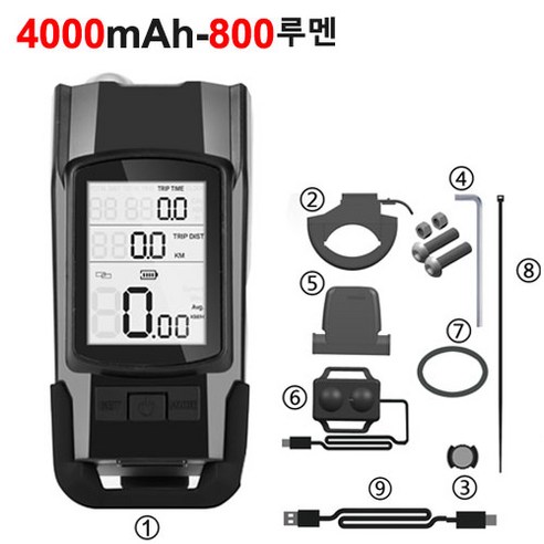 4000mAh 멀티 속도계 벨 자전거 라이트USB충전식 후미등, Black 1