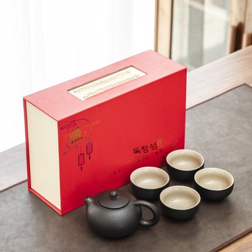 검은 도자기 선 스타일 쿵푸 차 세트 거친 도자기 일본식 홈 오피스 회사 부동산 창조적 인 실용적인 작은, 19 Xi Shi 냄비 4 컵 작은 롤 상자