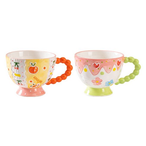 Wendini 큐트 브렉퍼스트 머그컵 450ml 2개입, 1개, 오렌지 프루트 + 핑크 플라워