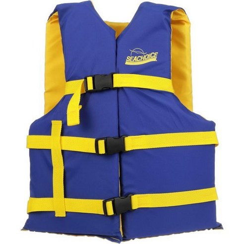 Seachoice Type III 구명조끼 USCG 승인 조절 가능한 보트 조끼, Blue and Yellow, Universal Adult Over 90 Lbs