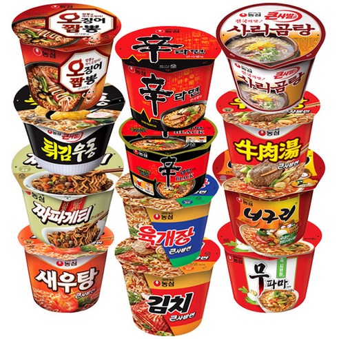 농심 용기 큰사발 컵라면 12종 (신라면+신라면블랙+너구리+육개장+짜파게티+무파마+오징어짬뽕+새우탕+튀김우동+우육탕+김치큰사발+사리곰탕), 1세트