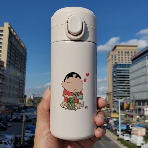 일본 인터넷 연예인 귀여운 크레용 작은 새로운 튀는 뚜껑 보온병 학생 작은 휴대용 컵 스테인리스 차 컵, Q57K크레용신화튀는컵, 450 ml