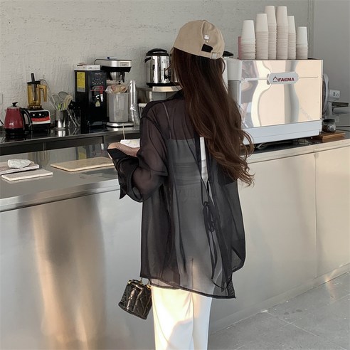 쪼예 비치 쉬폰 백스트랩 시스루 루즈핏 긴팔 셔츠