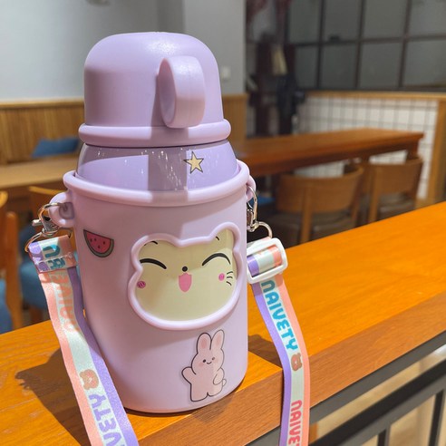 고안료 만화 휴대용 보온컵 벨트 빨대 3색 304 스테인리스강 보온컵, 자주색, 450ML