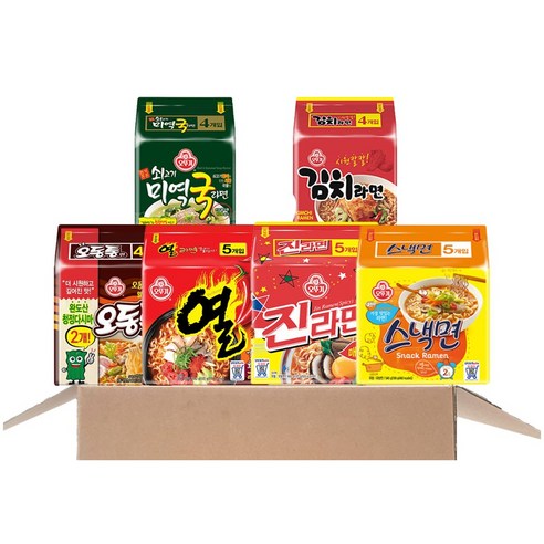 오뚜기 멀티팩 6종 세트 진라면 매운맛 + 열라면 + 오동통면 + 스낵면 + 김치라면 + 쇠고기미역국라면, 1세트