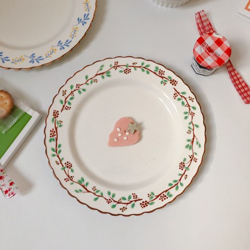 s한국 웨이브 꽃 빨간 나무 베리 도자기 디저트 접시 양식 스테이크 접시 케이크 접시 가정용 접시, 레드 크랜베리(20CM)