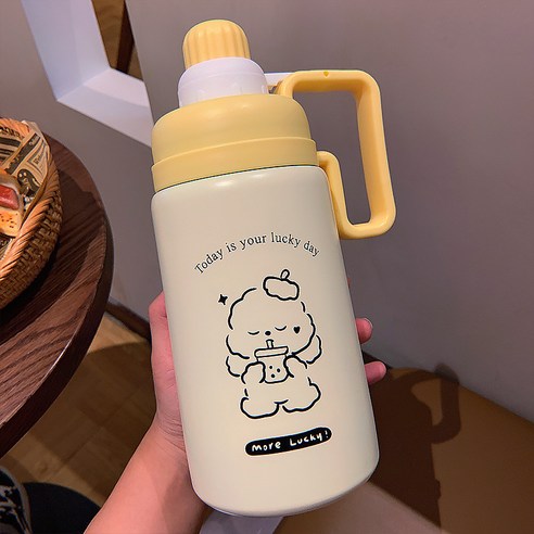 보온병 대용량 880ml 야외 물컵 남녀 가정용 휴대용 캐릭터 귀여움 대용량 손잡이, 노랑, 황색