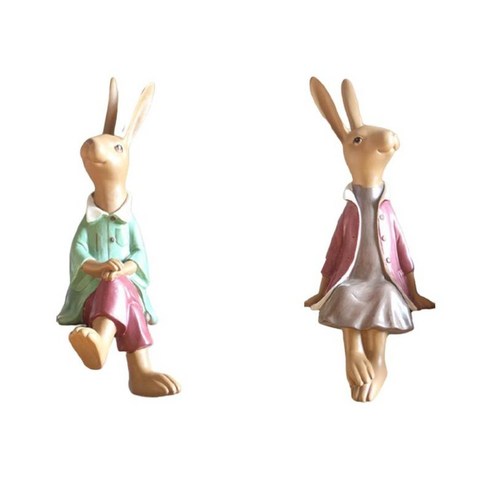 2x 현대 토끼 동상 토끼 장식 장식 선물 동물 탁상 파티오, 수지, 레드+그린