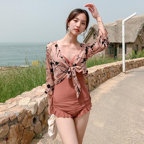 KORELAN 사치 다이비 수영복 연체 평각 레이스 긴팔 보수 날씬하다 하다 온천 선녀 범 수영복, 986683 카키, {"사이즈":"S"}
