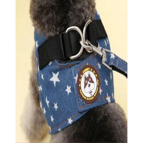 강아지 데님하네스/가슴줄 강아지 진청 하네스 강아지하네스/가슴줄, 별 데님 하네스, 1개