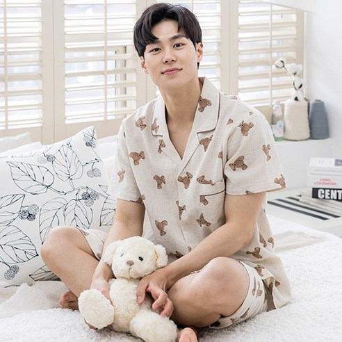 이라인 국산 테디베어 반팔 순면 커플잠옷