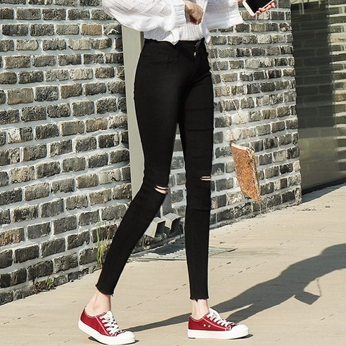 여성용 허리 밴딩 블랙 스키니진 스판 청바지(찢어진청바지 포함)