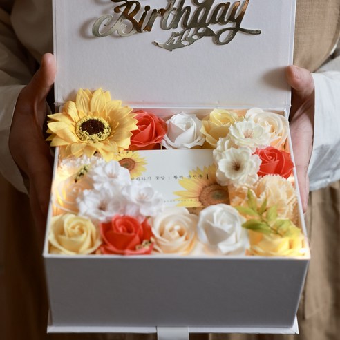 어버이날 선물로 딱! 고급 비누꽃 용돈박스 세트, 노랑(해바라기)