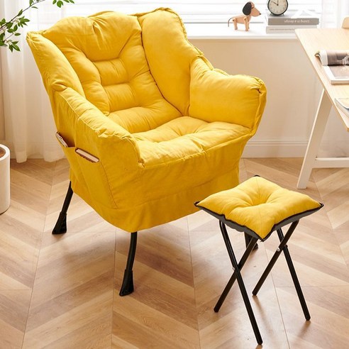 1인 스웨이드 릴렉스 소파 의자+쿠션 발받침 체어 세트 침실 소파 등받이 의자, 노란색
