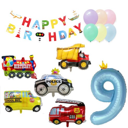 올리브파티 자동차 풍선 가랜드 생일파티용품 세트, 혼합색상+숫자풍선9