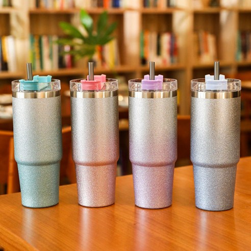 이중 스텐 빨대 텀블러 대용량 보온보냉 보온병, 푸른색, 887ml