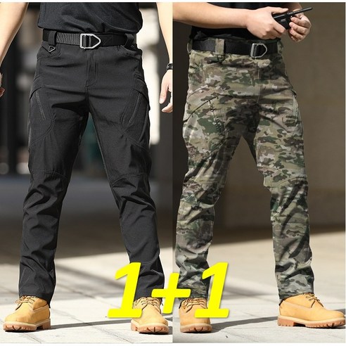 1+1(2벌) IX9 스판 전술바지 남자 카고팬츠 작업복 건빵 일자 오토바이 바지 빅사이즈, 38(2XL), IX9(블랙+밀리CP)