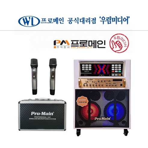 프로메인 MPS-82WG 올인원세트 / TJ미디어 K2 반주기 가정용 업소용 노래방 블루투스 MP3 USB AUX 무선마이크 포함 헤드셋 별도구매 버스킹 행사 공연 마카오시티투어버스