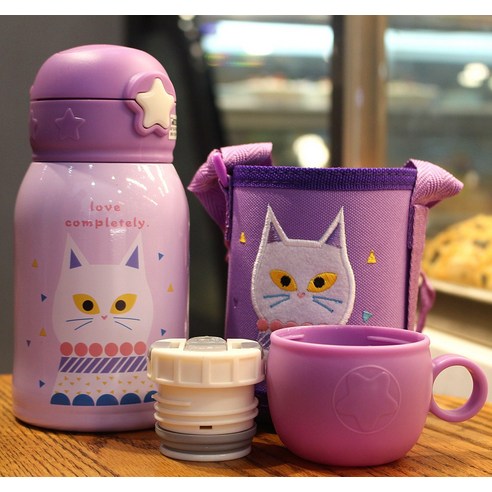 ZZJJC 아이디어 보온병 아이디어 텀블러 아웃도어 보온병, 퍼플 더블캡 컵홀더, 350ml