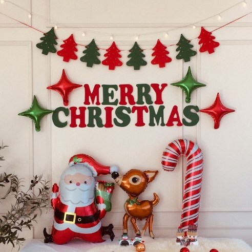 파티프렌즈 크리스마스 풍선 세트 가랜드 홈파티 (앵두전구 포함), 기본세트A+루돌프+산타+지팡이