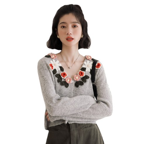ANKRIC 여성니트베스트 가을과 겨울 게으른 스타일의 스웨터 방한 스타일의 디자인 감각 V 넥 꽃 자수 스웨터